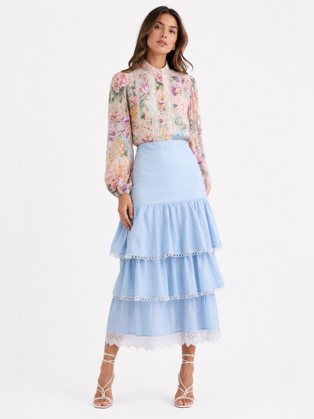 New Haveone Light Blue Tiered Ruffle Skirt